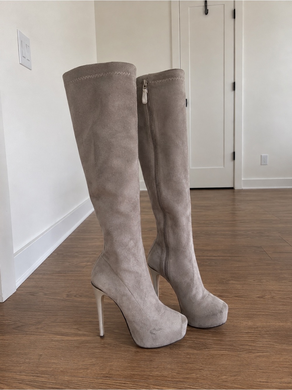 Bebe Monogram Platform Stiletto Knee-High Boots